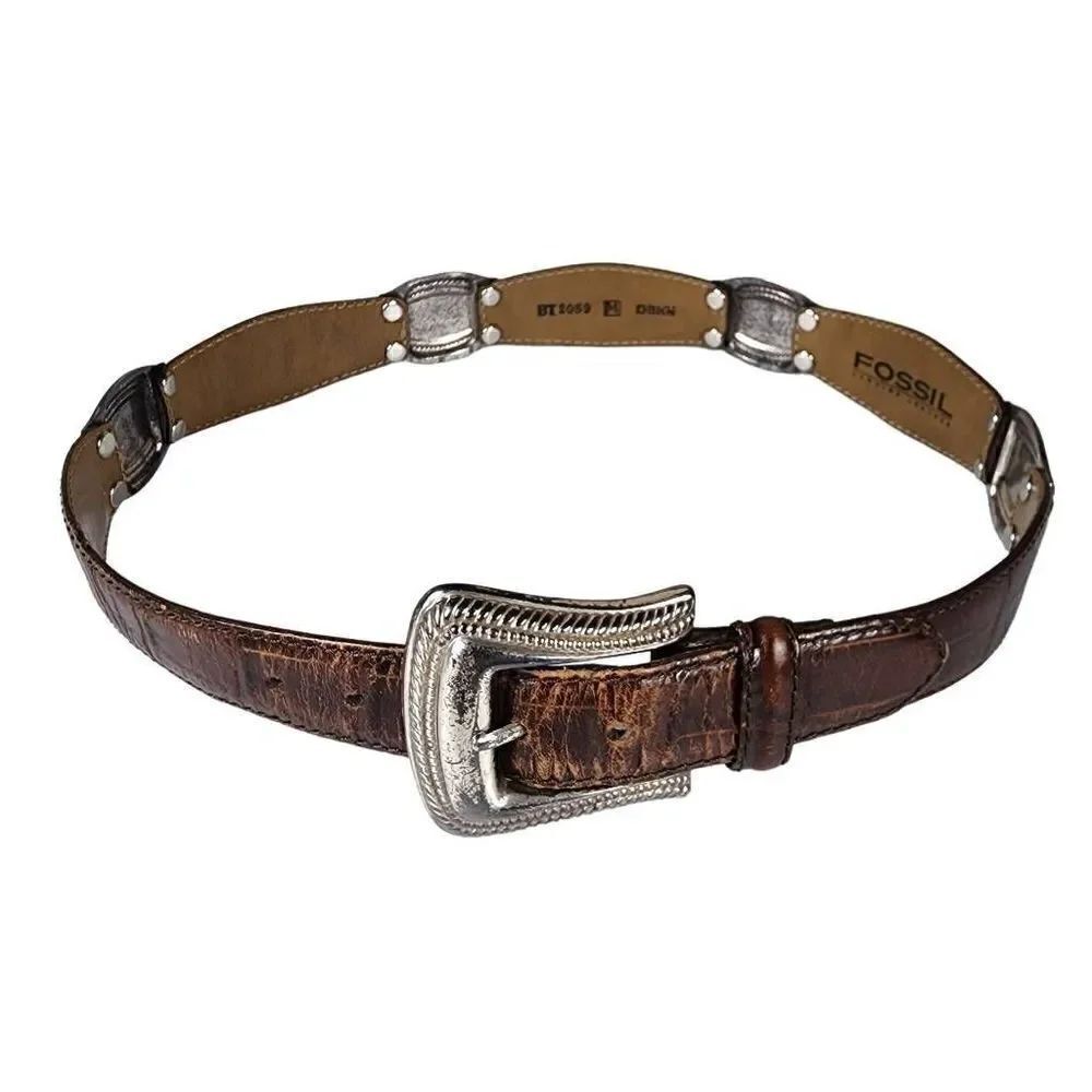 VINTAGE Fossil Etched Silver Hardware Tan Leather Belt M